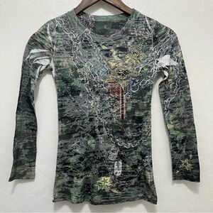 Women’s S Green Camo Army Rhinestones Long Sleeve Shirt